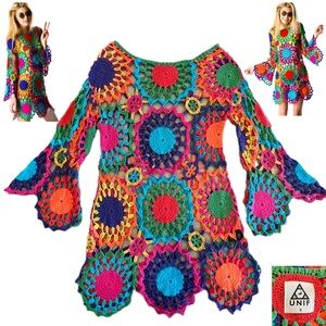 RARE UNIF Psych Out Dress in Multi Crochet Bell Sleeve Sold Out Sz Small
